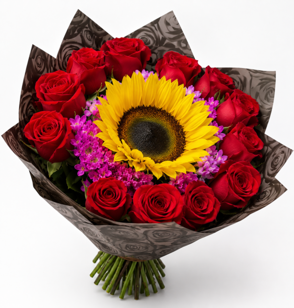 Ramo 12 rosas con girasol