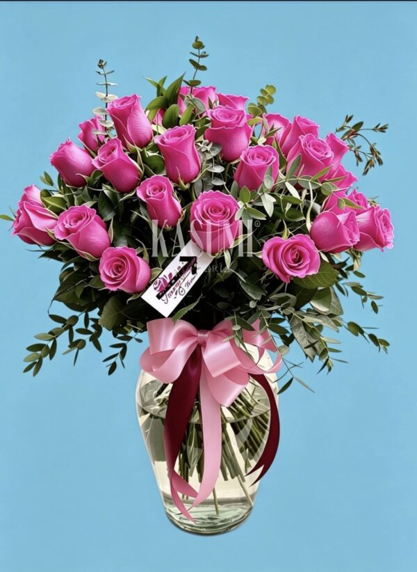 Jarrón de 25 rosas rosadas