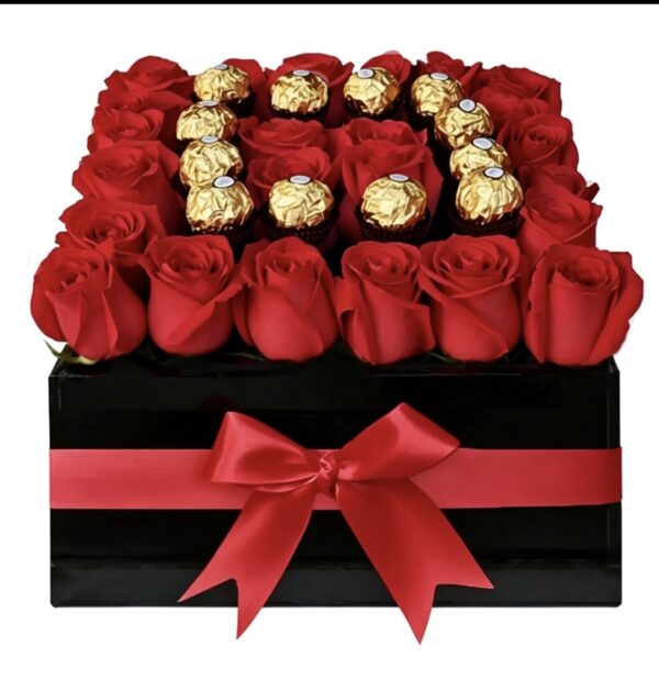 Caja de rosas con chocolate