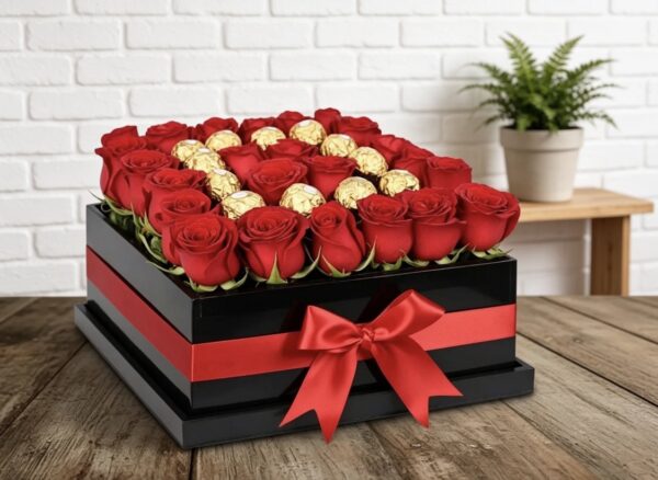 Caja de rosas con chocolate