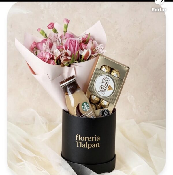 Cajita negra con flores y chocolates
