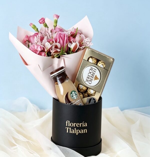 Cajita negra con flores y chocolates