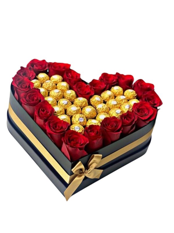 Caja negra con rosas y chocolate