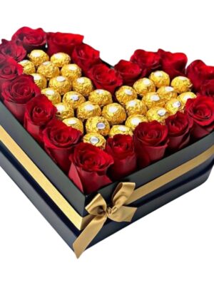 Caja negra con rosas y chocolate