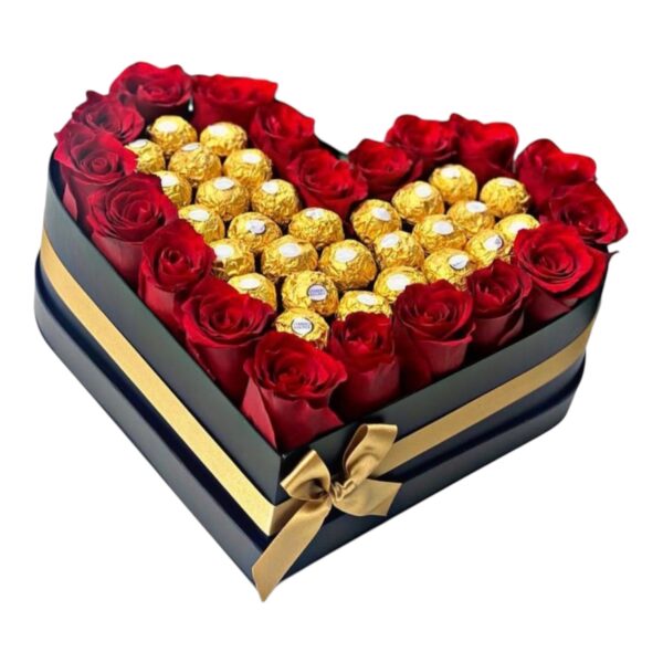 Caja negra con rosas y chocolate