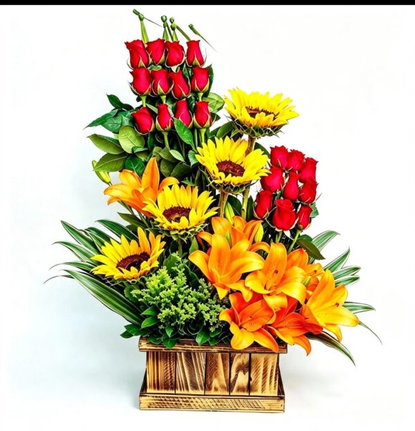 Arreglo de cajas con rosas y girasoles